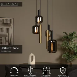 Suspension en verre 4 lampes E27 240 W noir et or Ø65 x H.150 cm Lucide Joanet tube