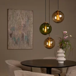 Suspension en verre 3 lampes E27 120 W ambre et vert Ø35 x H.150 cm Lucide Monsaraz