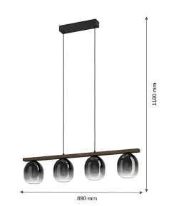 Suspension Filago 4 lumières E27 IP20 40W L.88xl.15xH.110cm noir et bois Eglo