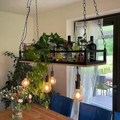 Suspension industrielle noire avec bois 5 lumières - Shelf