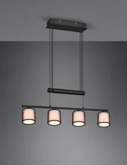 Suspension LED 4xE14 28W, Organza Fumé, Noir Mat - Trio - Burton