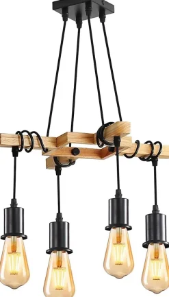Suspension Luminaire Vintage Industriel Réglable en Bois E27, 4 Ampoules NON INCLUSES