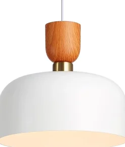 Suspension Moderne Nordique 30cm Métal Blanc Effet Bois, Hauteur Réglable, Douille E27, Cuisine ou Salle à Manger
