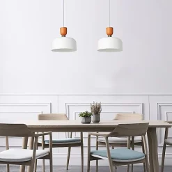 Suspension Moderne Nordique 30cm Métal Blanc Effet Bois, Hauteur Réglable, Douille E27, Cuisine ou Salle à Manger