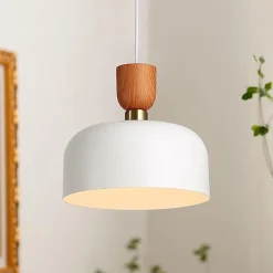 Suspension Moderne Nordique 30cm Métal Blanc Effet Bois, Hauteur Réglable, Douille E27, Cuisine ou Salle à Manger