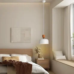 Suspension Moderne Nordique 30cm Métal Blanc Effet Bois, Hauteur Réglable, Douille E27, Cuisine ou Salle à Manger