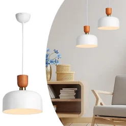 Suspension Moderne Nordique 30cm Métal Blanc Effet Bois, Hauteur Réglable, Douille E27, Cuisine ou Salle à Manger