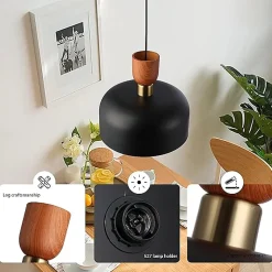 Suspension Moderne Nordique 30cm Métal Noir Effet Bois, Hauteur Réglable, Douille E27, Cuisine ou Salle à Manger