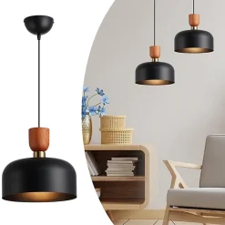 Suspension Moderne Nordique 30cm Métal Noir Effet Bois, Hauteur Réglable, Douille E27, Cuisine ou Salle à Manger