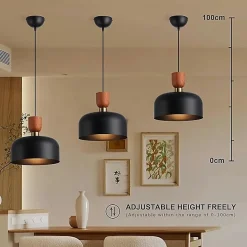 Suspension Moderne Nordique 30cm Métal Noir Effet Bois, Hauteur Réglable, Douille E27, Cuisine ou Salle à Manger