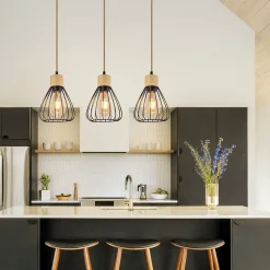 Suspension NETTLIFE Lampe suspension vintage pour salon industrielle rétro en bois et corde de chanvre en métal noir 3 flammes E27