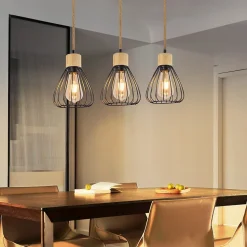 Suspension NETTLIFE Lampe suspension vintage pour salon industrielle rétro en bois et corde de chanvre en métal noir 3 flammes E27