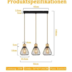 Suspension NETTLIFE Lampe suspension vintage pour salon industrielle rétro en bois et corde de chanvre en métal noir 3 flammes E27