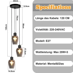 Suspension Nettlife noire pour table à manger - Lampe suspendue E27 à flamme unique en verre fumé vintage sans source lumineuse