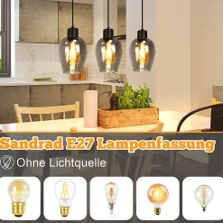 Suspension Nettlife noire pour table à manger - Lampe suspendue E27 à flamme unique en verre fumé vintage sans source lumineuse