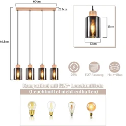 Suspension NETTLIFE pour table à manger, lampe suspendue en verre, lampe de table à manger vintage, 4 flammes en verre fumé, E27