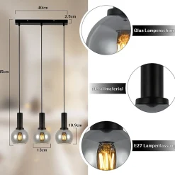 Suspension NETTLIFE vintage 3 flammes lampe suspendue verre E27 à manger lampe réglable en hauteur industrielle