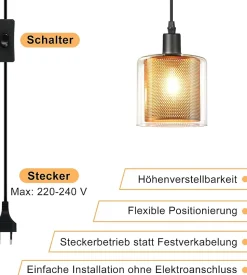 Suspension Nettlife Vintage 1 Ampoule : Suspension en Verre Doré avec Prise et Interrupteur Lampe Suspension E14 4,5 m Câble Métal