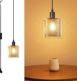 Suspension Nettlife Vintage 1 Ampoule : Suspension en Verre Doré avec Prise et Interrupteur Lampe Suspension E14 4,5 m Câble Métal