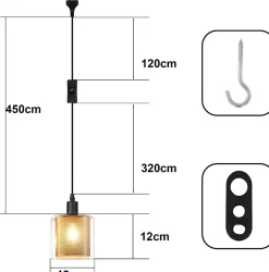 Suspension Nettlife Vintage 1 Ampoule : Suspension en Verre Doré avec Prise et Interrupteur Lampe Suspension E14 4,5 m Câble Métal