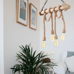 Suspension rustique filaire 4 lampes cordes et bois - LOANE