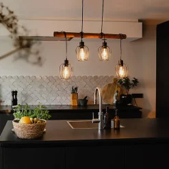 Suspension rustique noire avec bois 4 lumières - Stronk
