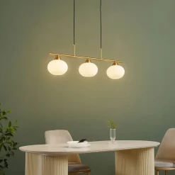 Suspension triple dorée abat-jours en verre blanc - Alcyone