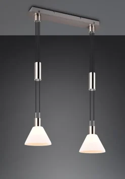 Suspension 2xE27 verre blanc et métal nickel mat réglable - Trio - Stanley