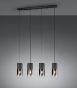 Suspension 4xE27, 28W max, verre fumé, métal noir mat - Trio - Robin