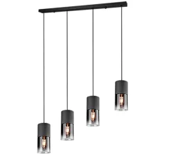 Suspension 4xE27, 28W max, verre fumé, métal noir mat - Trio - Robin