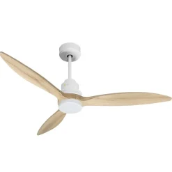 Tenerife - Super destratificateur et ventilateur DC 132 cm Blanc pales bois clair avec Lumière 25 à 35 m²