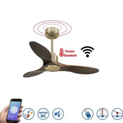 Tenerife - Super destratificateur et ventilateur DC 106 cm laiton pales bois sombre idéal 10 à 20 m²