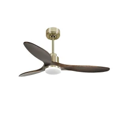 Tenerife - Super destratificateur et ventilateur DC 132 cm laiton avec lumière pales bois sombre idéal 25 à 40 m²