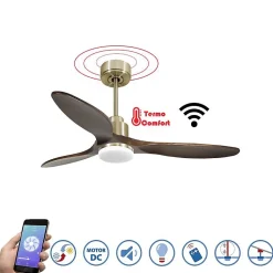 Tenerife - Super destratificateur et ventilateur DC 132 cm laiton avec lumière pales bois sombre idéal 25 à 40 m²