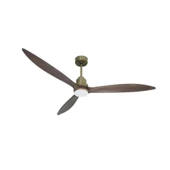 Tenerife - Super destratificateur et ventilateur DC 166 cm Laiton pales bois sombre avec Lumière 30 à 60 m²