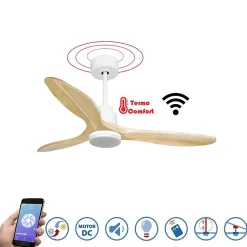 Tenerife - Super destratificateur et ventilateur DC 132 cm Blanc avec lumière pales bois clair 25 à 35 m²