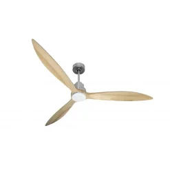 Tenerife - Super destratificateur et ventilateur DC 166 cm Chrome pales bois clair avec Lumière 30 à 60 m²