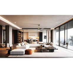 Tenerife - Super destratificateur et ventilateur DC 166 cm Laiton pales bois gris avec Lumière 30 à 60 m²