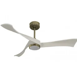 Twist, Ventilateur déstratificateur d'air, pales bois laquée blanches 132 Cm, moteur laiton brossé, avec point lumineux LED.