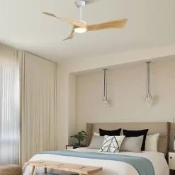 Ventilateur de plafond 52" avec éclairage LED, 3 pales en bois massif, 6 vitesses, télécommande, blanc 132 x 132 x 42 cm