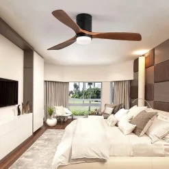 Ventilateur de plafond 52 avec lumière LED 18W, 3 pales en bois massif, 6 vitesses, télécommande, noir , 132X132X30cm