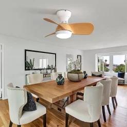 Ventilateur de plafond 23" avec lumière LED 18W 3 tons, 3 pales ABS bois clair, 6 vitesses, blanc 58,4x58,4x27,1cm