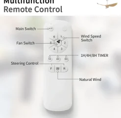 Ventilateur de plafond 132 cm sans lumière, 6 vitesses avec télécommande, moteur DC réversible, 3 pales en ABS