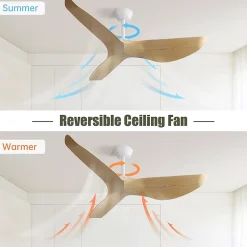 Ventilateur de plafond 132 cm sans lumière, 6 vitesses avec télécommande, moteur DC réversible, 3 pales en ABS