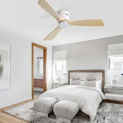 Ventilateur de Plafond 132 cm Naturel avec 3 Lames en Bois Solide, Moteur DC Réversible Silencieux, Télécommande pour Salon