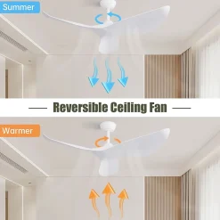 Ventilateur de plafond 96 cm sans lumière, moteur DC réversible, 6 vitesses avec télécommande, pour intérieur et extérieur, blanc