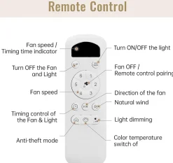 Ventilateur de plafond 117 cm avec lumière, 3 pales en ABS, moteur DC 6 vitesses, télécommande pour chambre