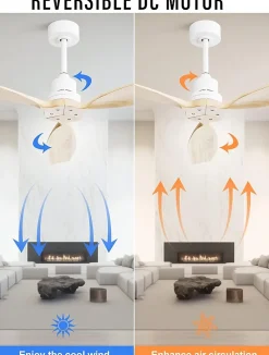 Ventilateur de plafond 132 cm avec pales en bois massif, télécommande 6 vitesses, couleur blanche