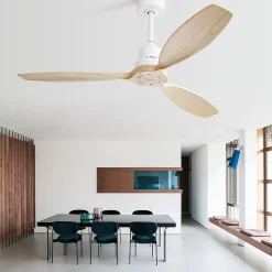 Ventilateur de plafond 132 cm avec pales en bois massif, télécommande 6 vitesses, couleur blanche