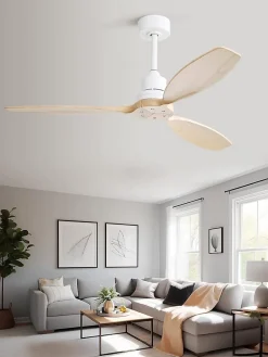 Ventilateur de plafond 132 cm avec pales en bois massif, télécommande 6 vitesses, couleur blanche